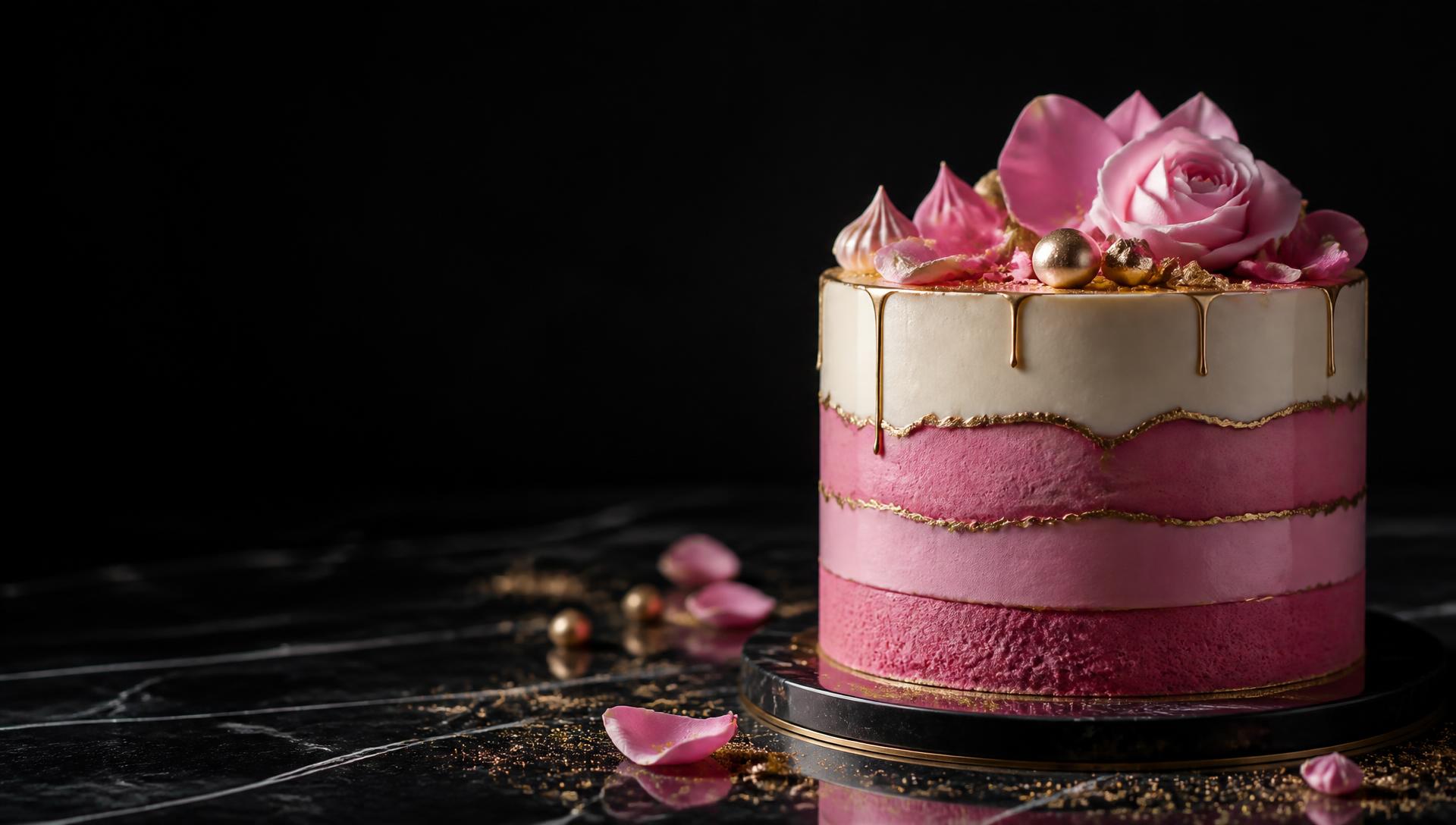 Roze taart met goud op zwart marmer